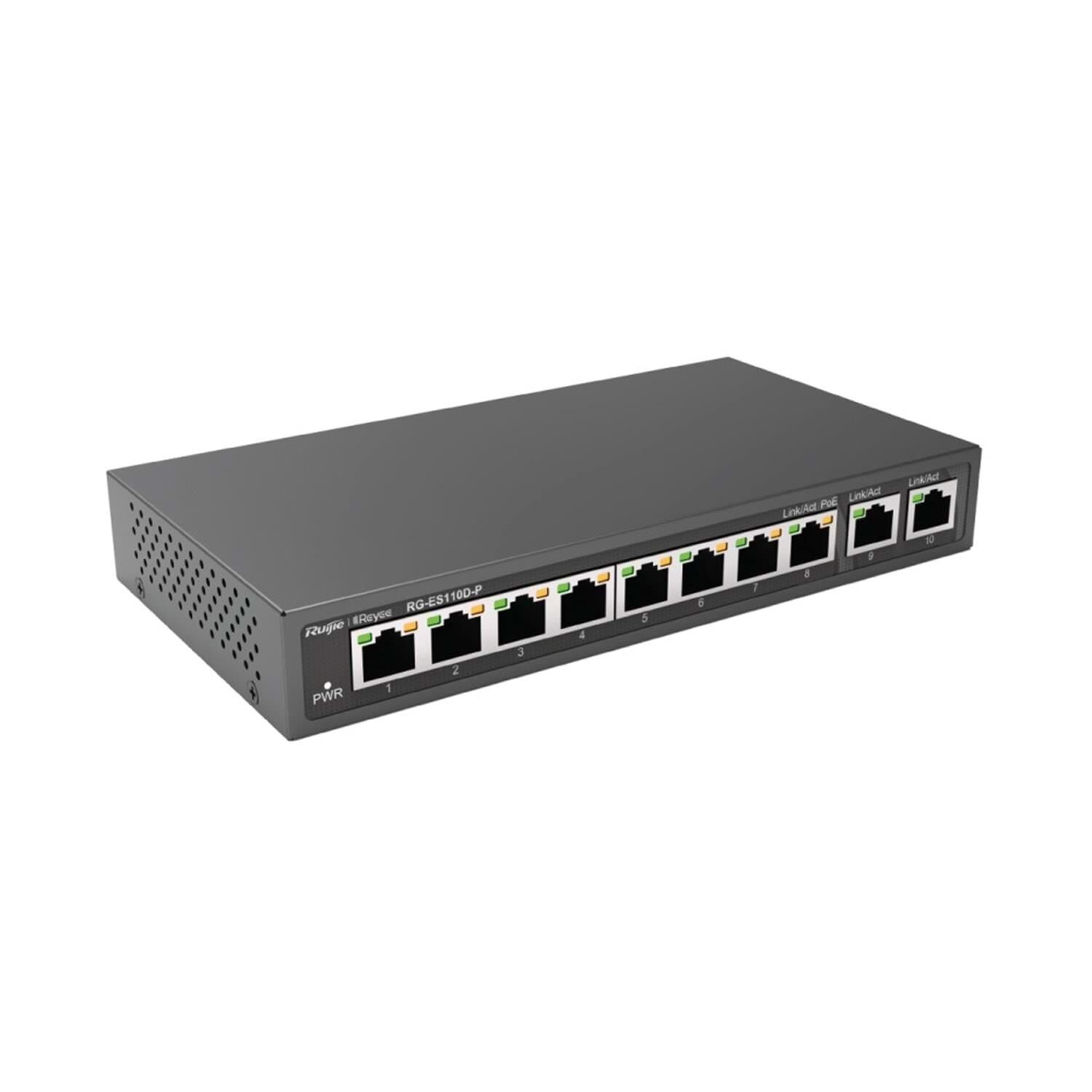 Ruijie Reyee RG-ES110D-P 10port 110w 2xGigabit Uplink 8 Port PoE Yönetilemez Switch