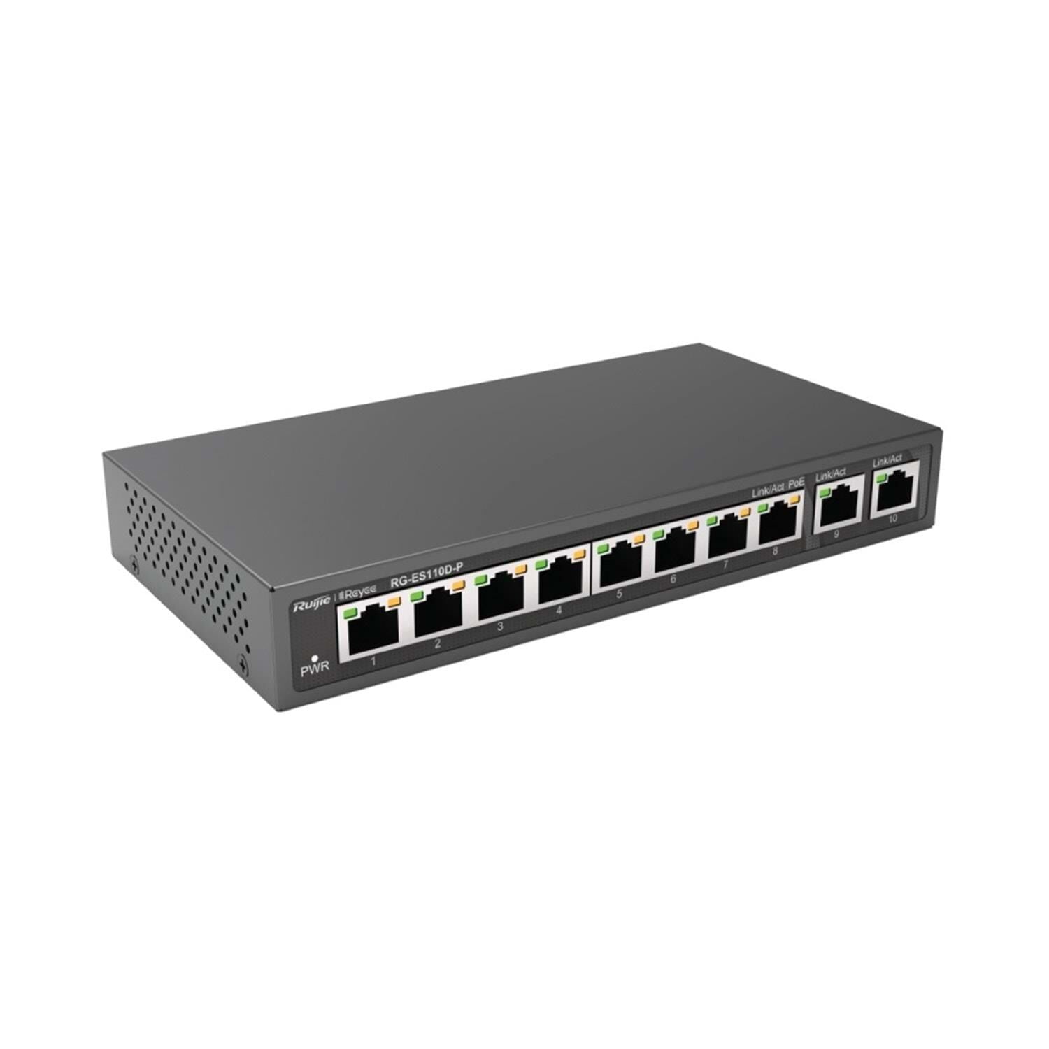 Ruijie Reyee RG-ES110D-P 10port 110w 2xGigabit Uplink 8 Port PoE Yönetilemez Switch
