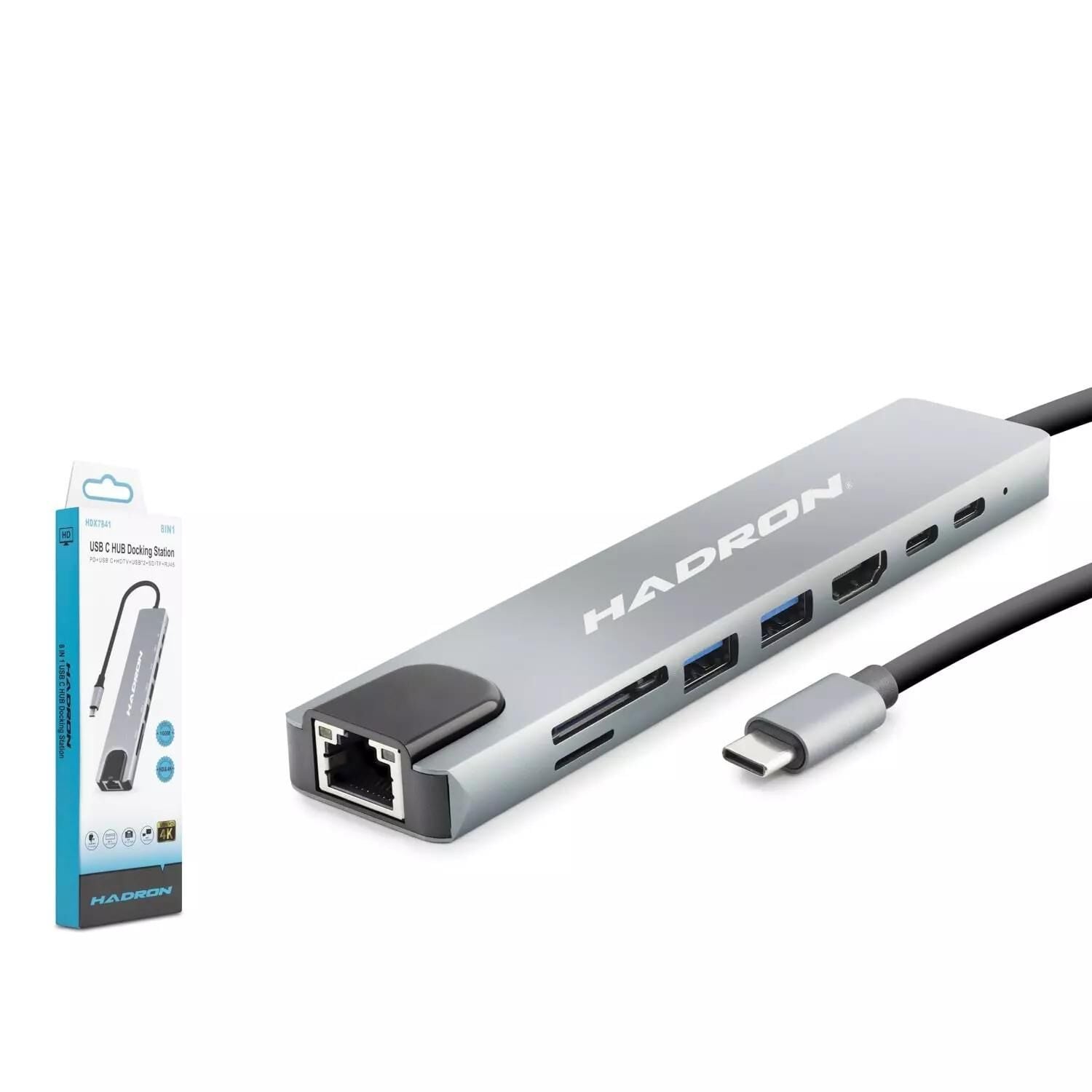 Hadron HDX7841 Type-C Combo Hub HDMI 4K USB 3.0 LAN Kart Okuyucu 8 Port Gri