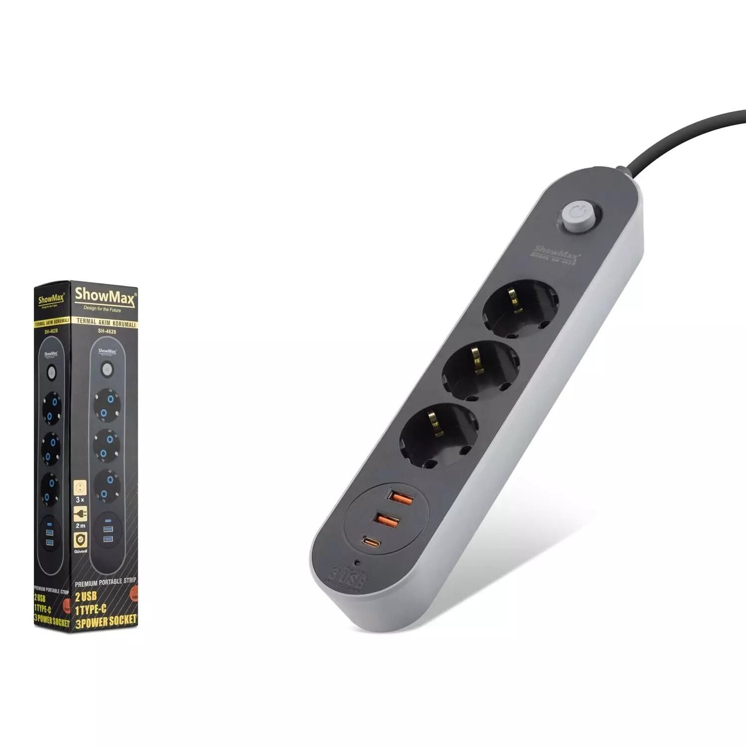 Hadron Showmax SH-4628 Termal Akım Korumalı Uzatma Kablosu 3 Priz 2x USB Type-C Anahtarlı 2 Metre Siyah
