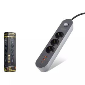Hadron Showmax SH-4628 Termal Akım Korumalı Uzatma Kablosu 3 Priz 2x USB Type-C Anahtarlı 2 Metre Siyah