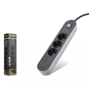 Hadron Showmax SH-4628 Termal Akım Korumalı Uzatma Kablosu 3 Priz 2x USB Type-C Anahtarlı 2 Metre Siyah