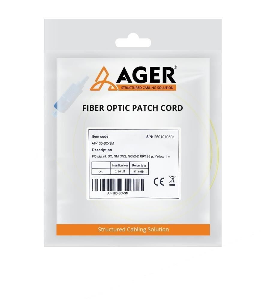 Ager AF-100S-C-SM-FO 1 MT Fiber Pigtail Kablo SC-SM OS2 Sarı