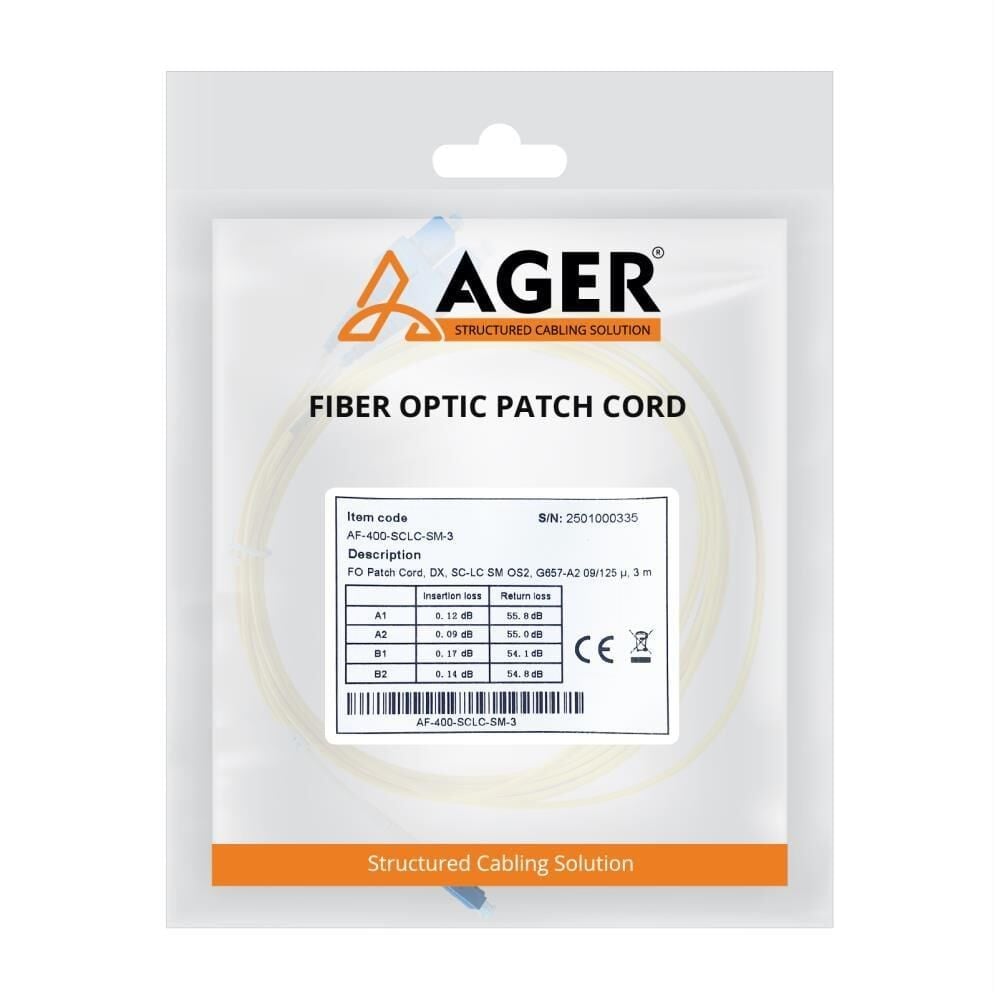 Ager AF-400-SCLC-SM-2-FO G657-A2 SC to LC SM OS2 Duplex Fiber Patch Kablo 3 Metre