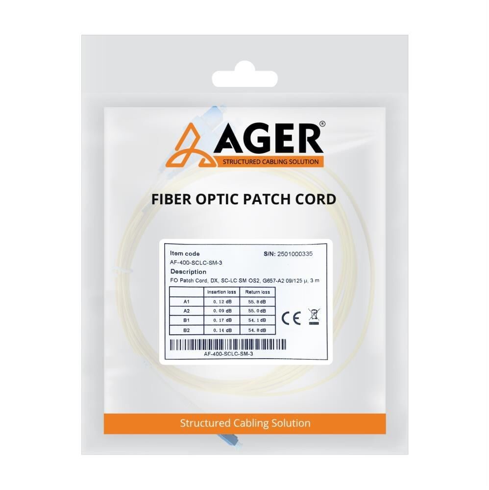 Ager AF-400-SCLC-SM-2-FO G657-A2 SC to LC SM OS2 Duplex Fiber Patch Kablo 3 Metre