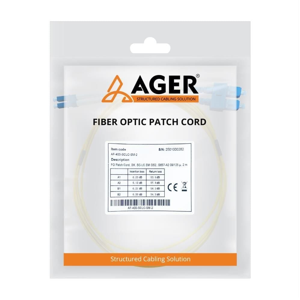 Ager AF-400-SCLC-SM-2-FO G657-A2 SC to LC SM OS2 Duplex Fiber Patch Kablo 2 Metre