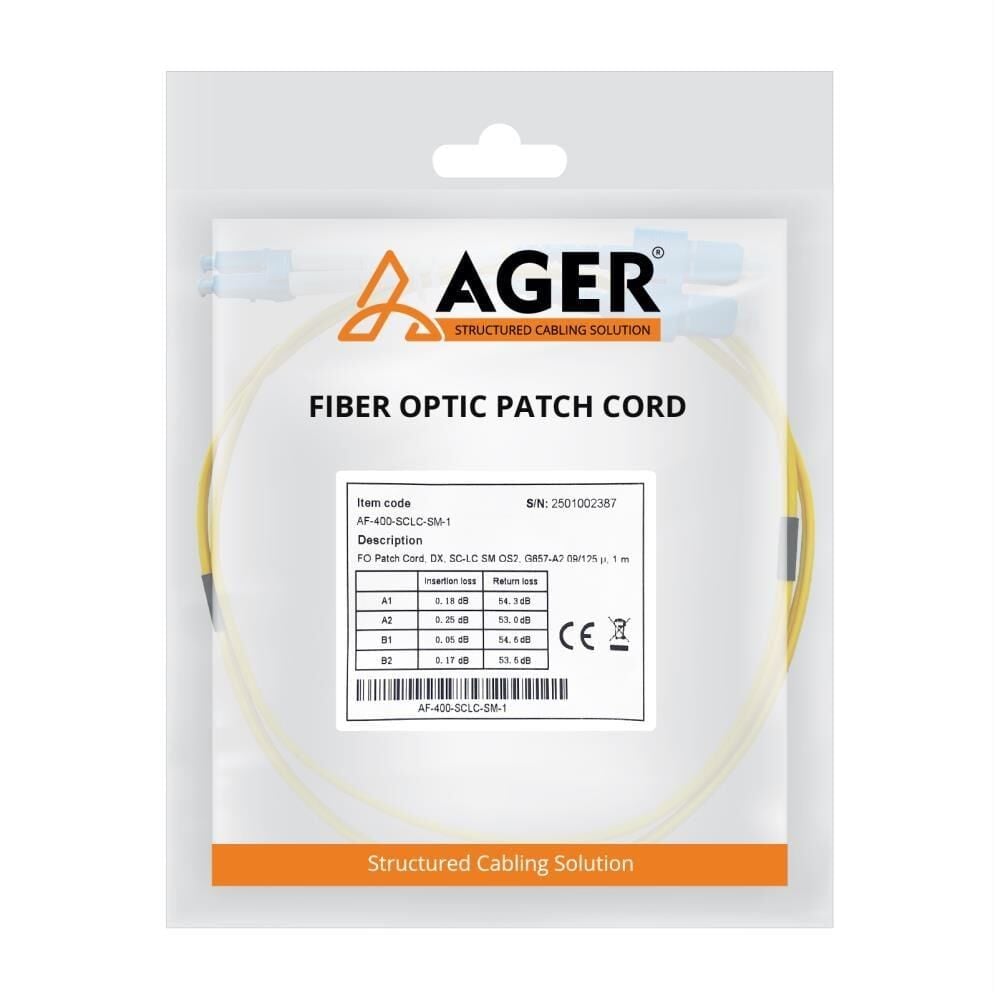Ager AF-400-SCLC-SM-1-FO G657-A2 SC to LC SM OS2 Duplex Fiber Patch Kablo 1 Metre