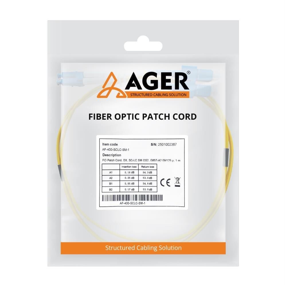 Ager AF-400-SCLC-SM-1-FO G657-A2 SC to LC SM OS2 Duplex Fiber Patch Kablo 1 Metre