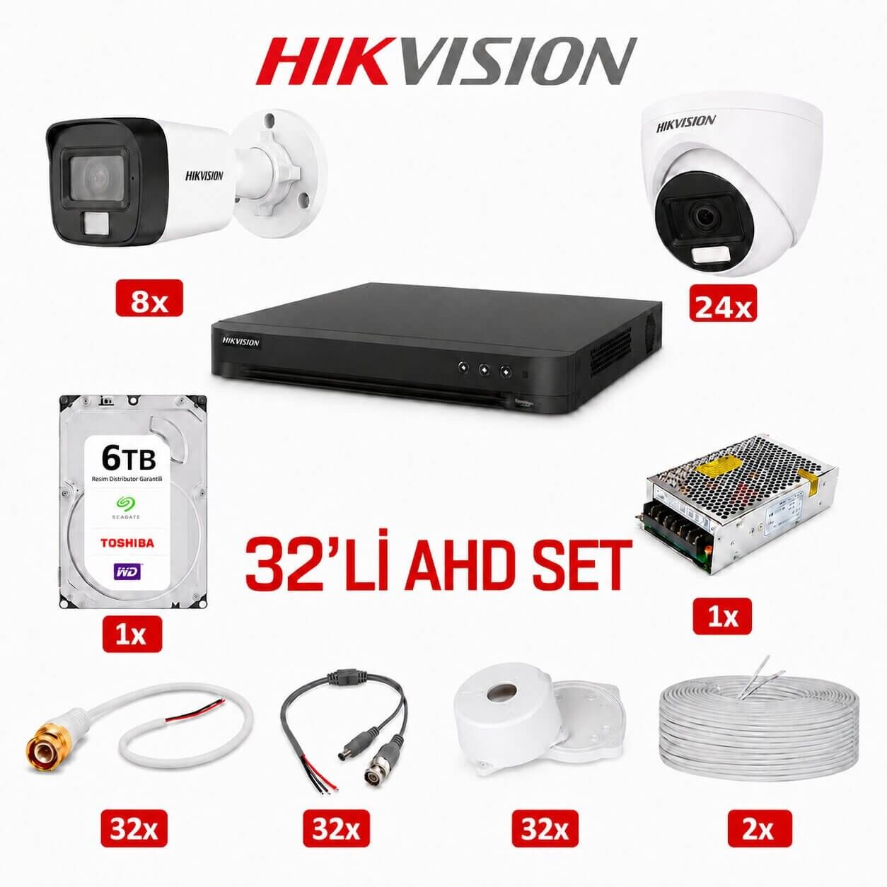 Hikvision 32'li AHD Kamera Güvenlik Sistemi (6 TB HDD Dahil)