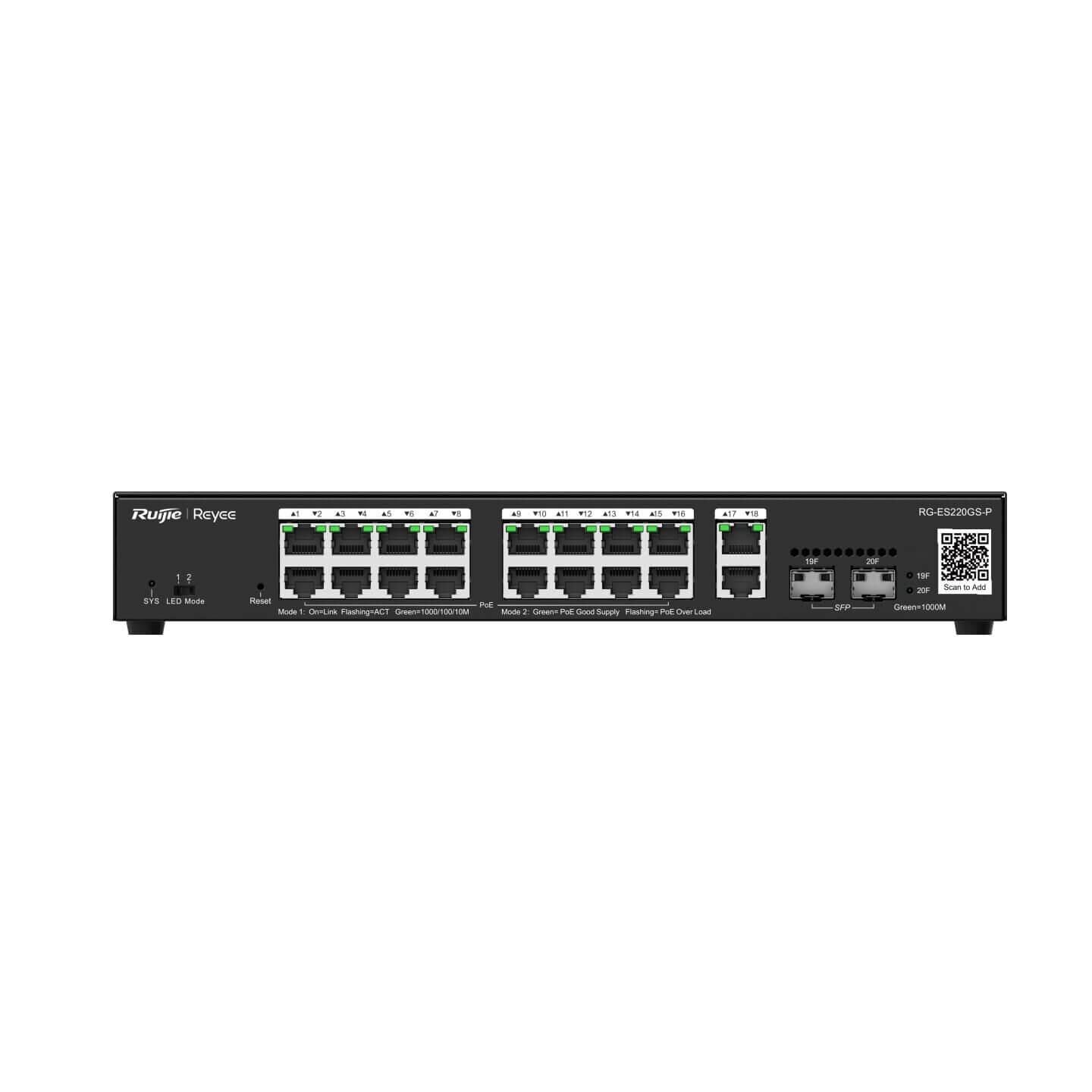 Reyee RG-ES220GS-LP 16 Portlu Poe 10/100/1000 Gigabit Yönetilebilir Switch 2 SFP 2 Gigabit RJ45 Uplink