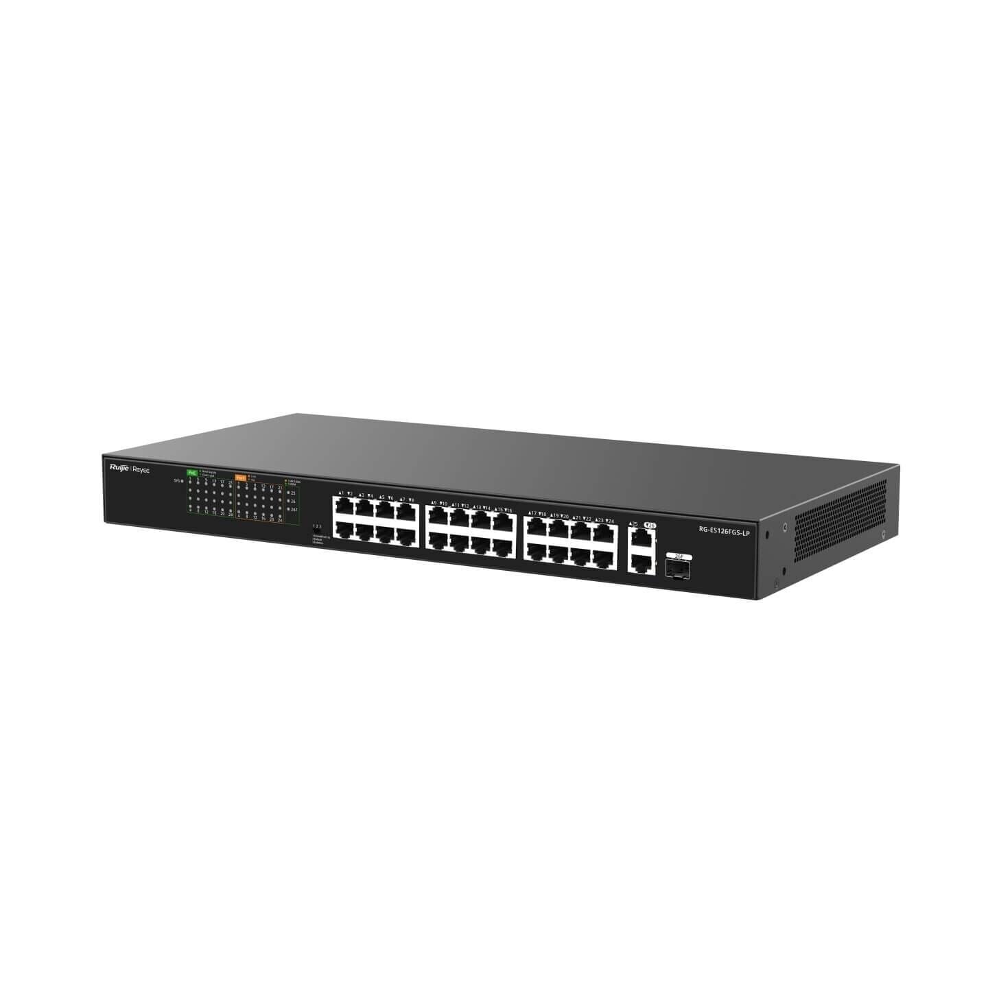 Reyee RG-ES126FGS-LP 26 Portlu 10/100 Fast Ethernet Tak Çalıştır PoE Switch 2 Gigabit Uplink 1 Gigabit SFP