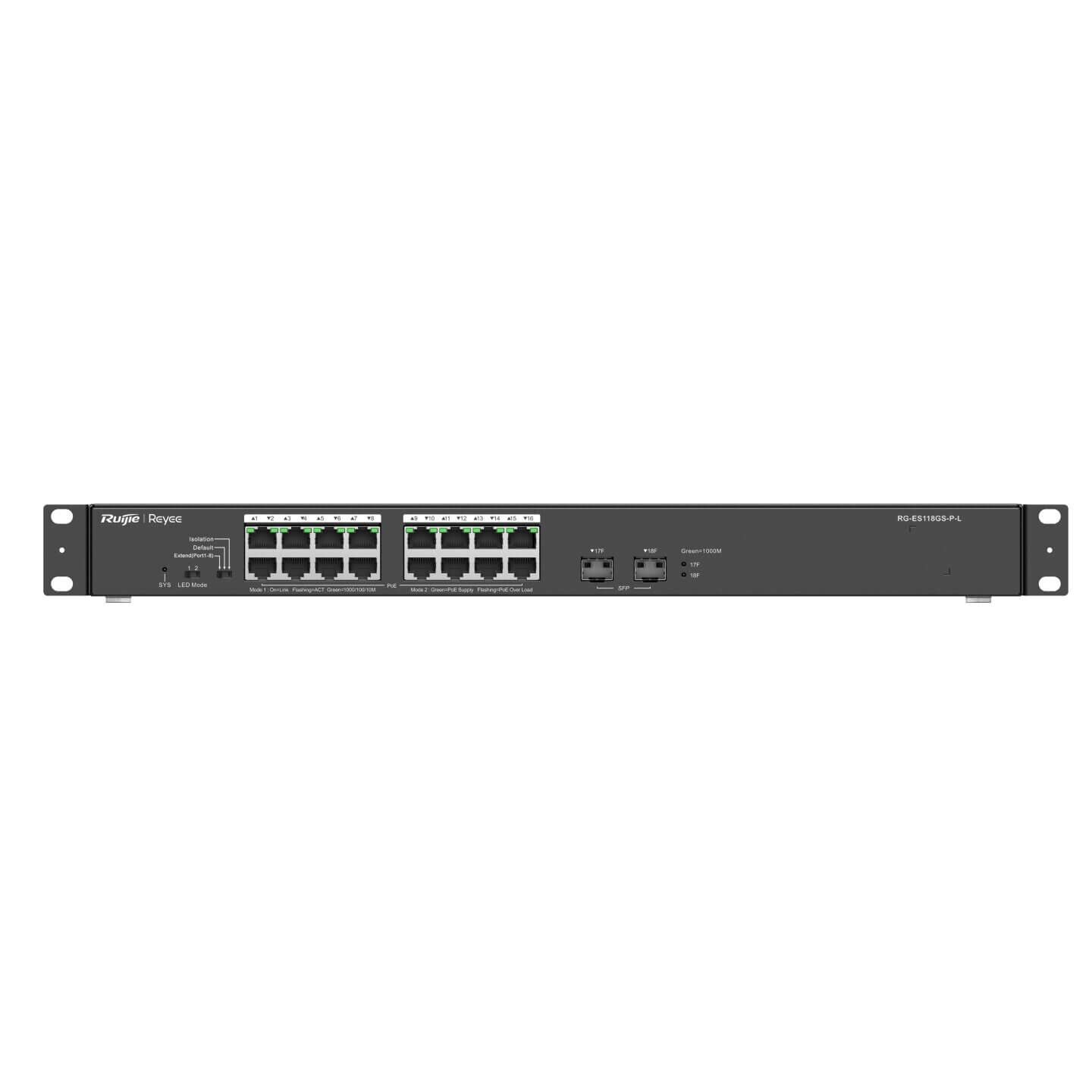 Reyee RG-ES118GS-P-L 18 Portlu Gigabit Tak Çalıştır Switch 16 Port PoE 247W 2 SFP