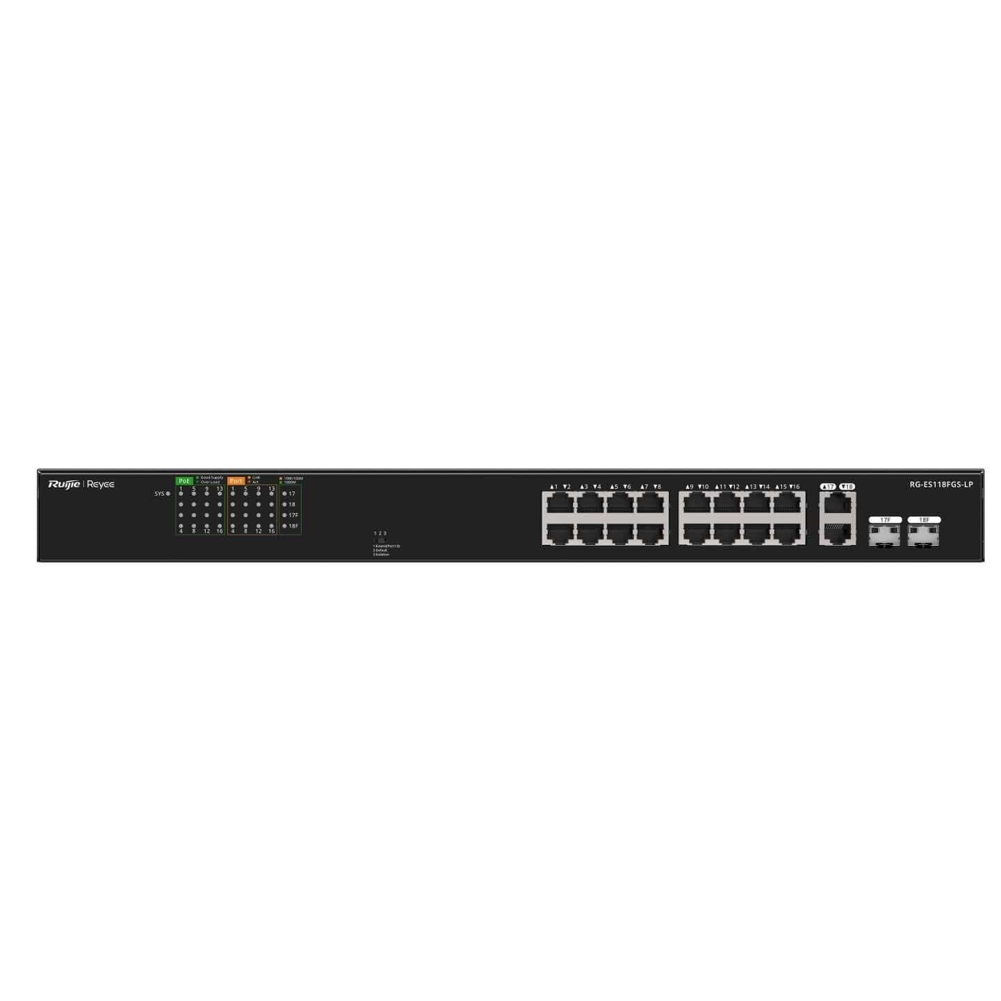 Ruijie Reyee RG-ES118FGS-LP 16-Port 10/100 Mbps PoE + 2-Port 10/100/1000 Mbps RJ45/SFP Combo Tak-Çalıştır Yönetilemeyen Switch
